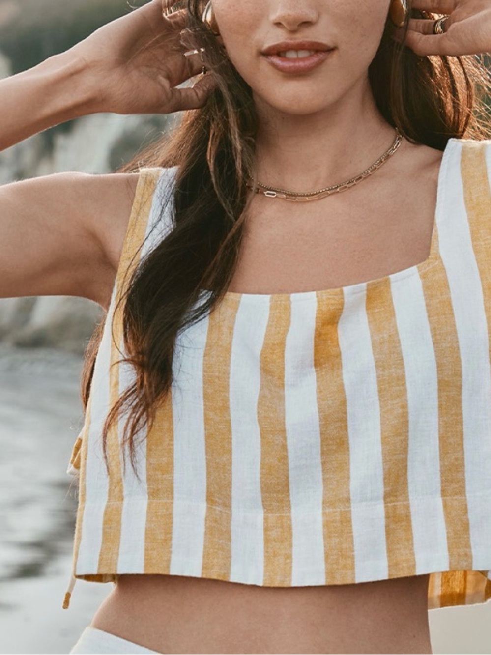 LOFT Beach Striped Linen Cotton Cropped Top in color Gold Nugget M